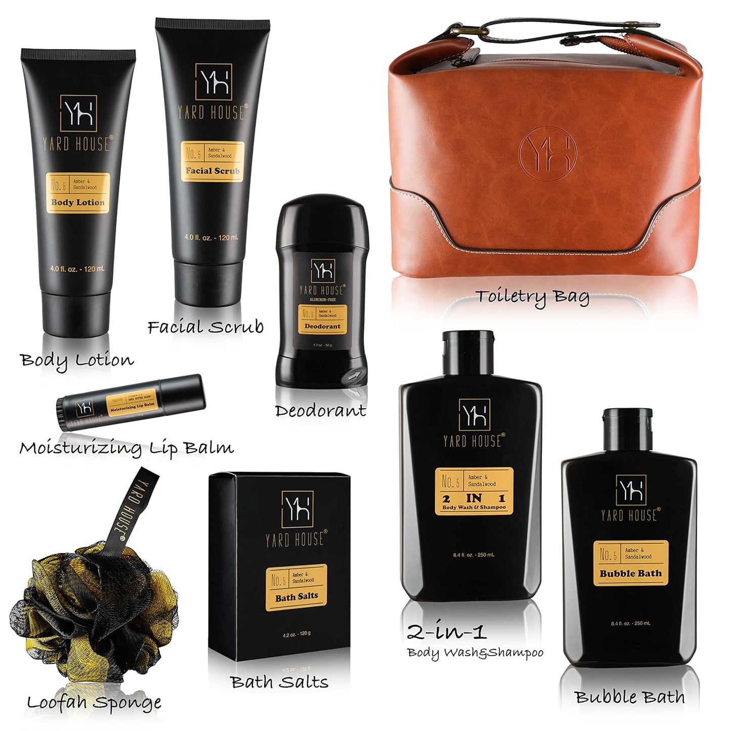 9Pc All Natural Bath and Body Spa Gift Basket Set for Men - Sandalwood & Amber