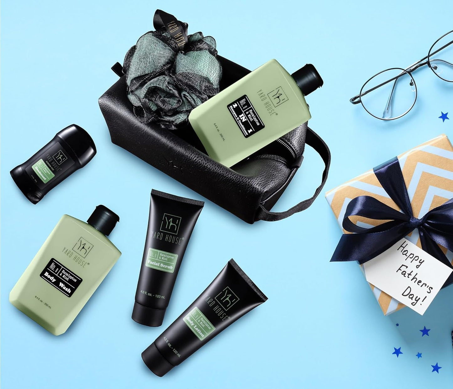 7Pc All Natural Mens Bath and Body Gift Set - Eucalyptus and Mint