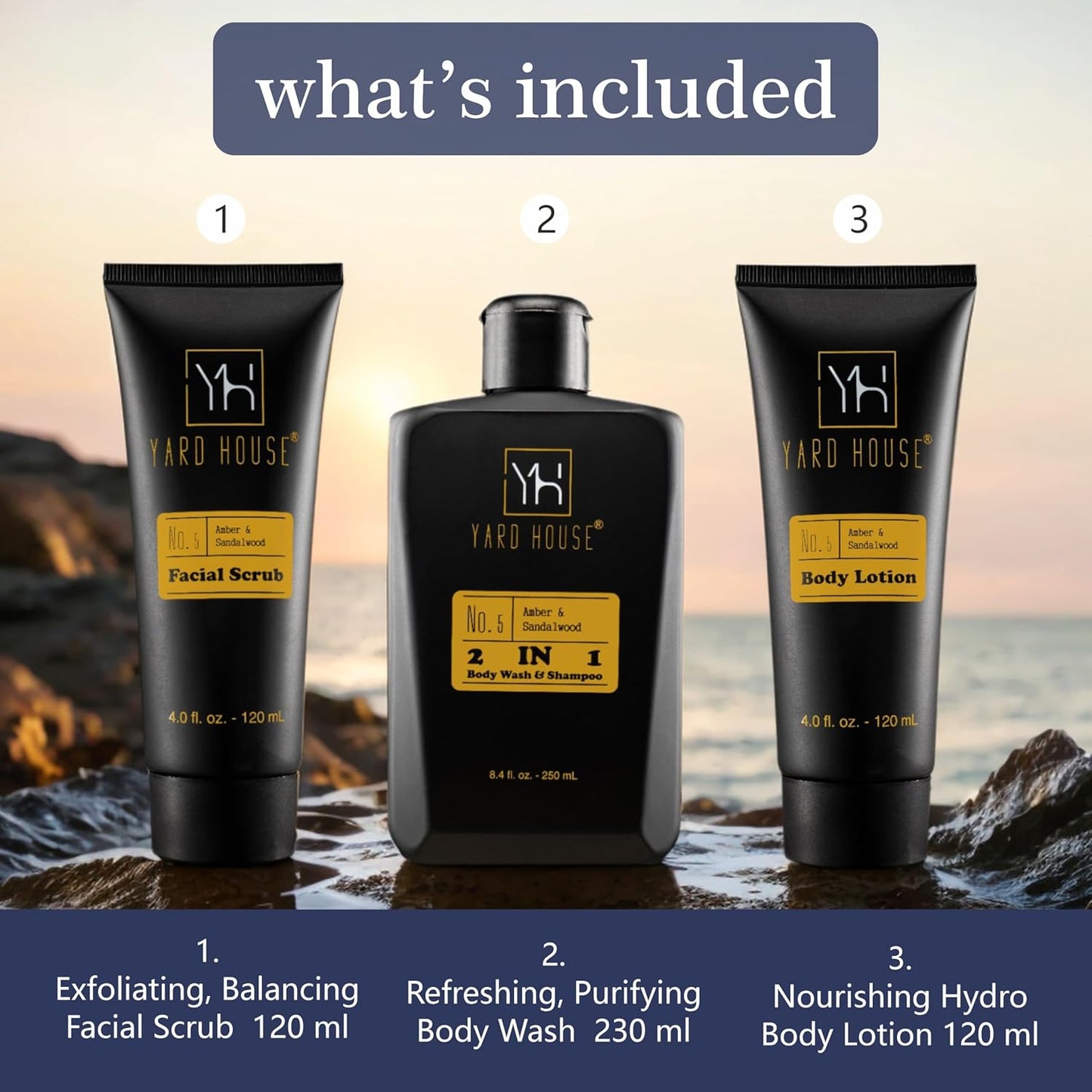 3Pc All Natural Mens Bath and Body Gift Set - Sandalwood and Amber