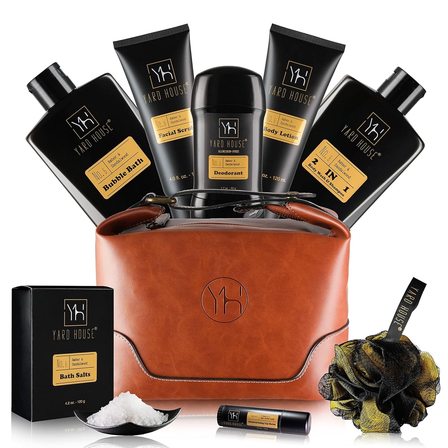 9Pc All Natural Bath and Body Spa Gift Basket Set for Men - Sandalwood & Amber